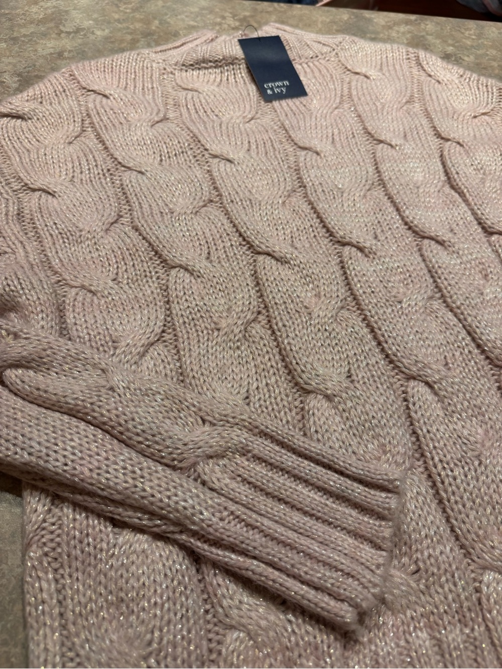 Crown Blush Pink Shimmer Cable Knit Crew Sweater